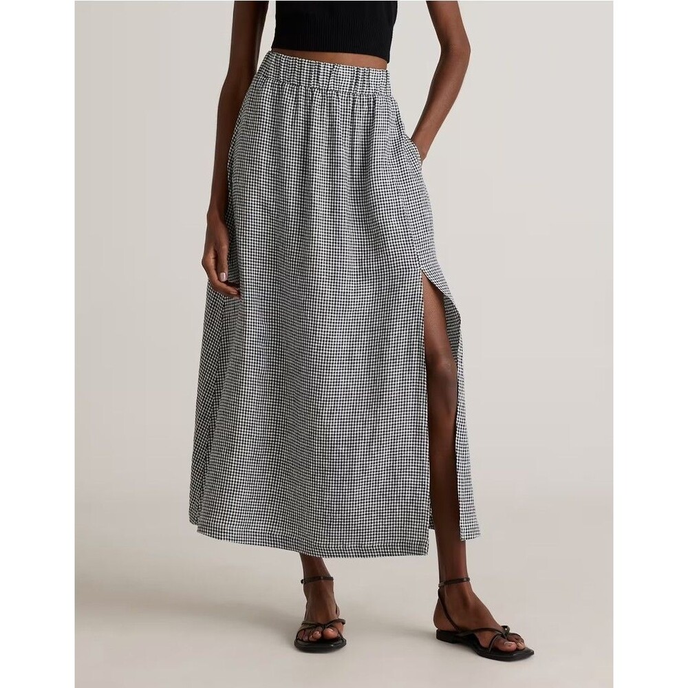 Quince 100% European Linen Maxi Skirt L Classic Mini Gingham Black White